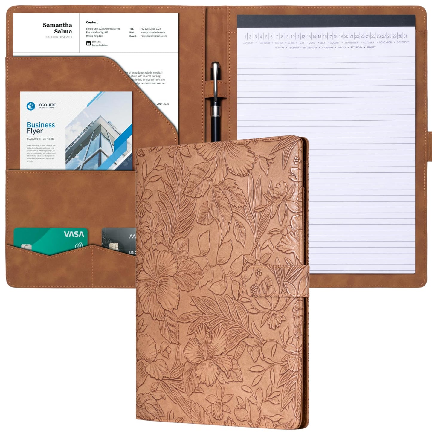 Mymazn Padfolio Portfolio Binder, Faux Leather Interview Resume Folder with Document Organizer & Business Card Holder, Letter-Sized Notepad Legal Pad Holder for Women Men (Brown)