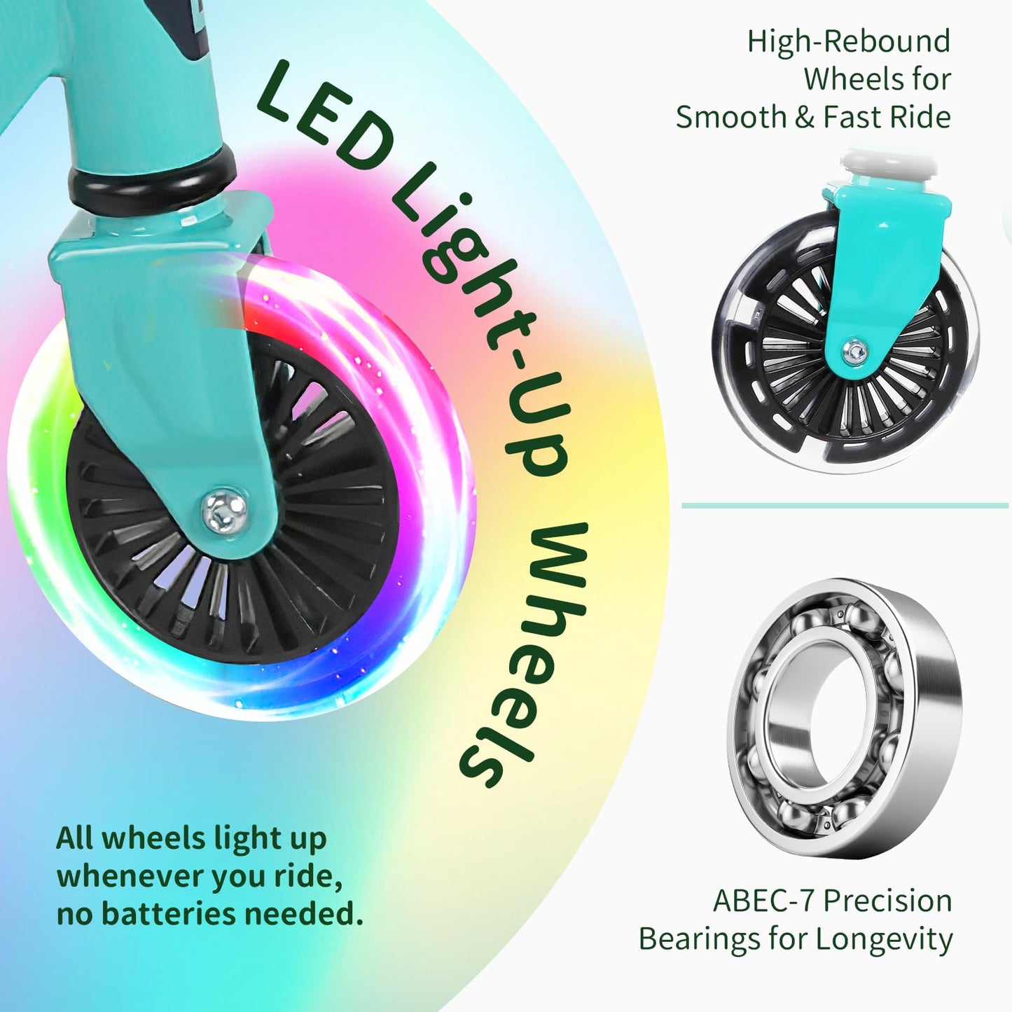BELEEV Scooters for Kids Ages 3-12 with Light-Up Wheels & Stem & Deck, 2 Wheel Folding Scooter for Girls Boys, 3 Adjustable Height, Non-Slip Pattern Deck, Lightweight Kick Scooter for Children (Aqua)