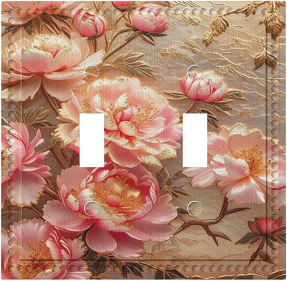 Pink Blooming Flowers Peonies Floral Light Switch Covers Double Toggle 2 Gang Wall Plate Dual Decorative Switch plate Electrical Faceplate for Farmhouse Living Room Decor