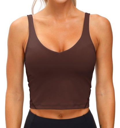 Women’s Longline Sports Bra Wirefree Padded Medium Support Yoga Bras Gym Running Workout Tank Tops Red Brown