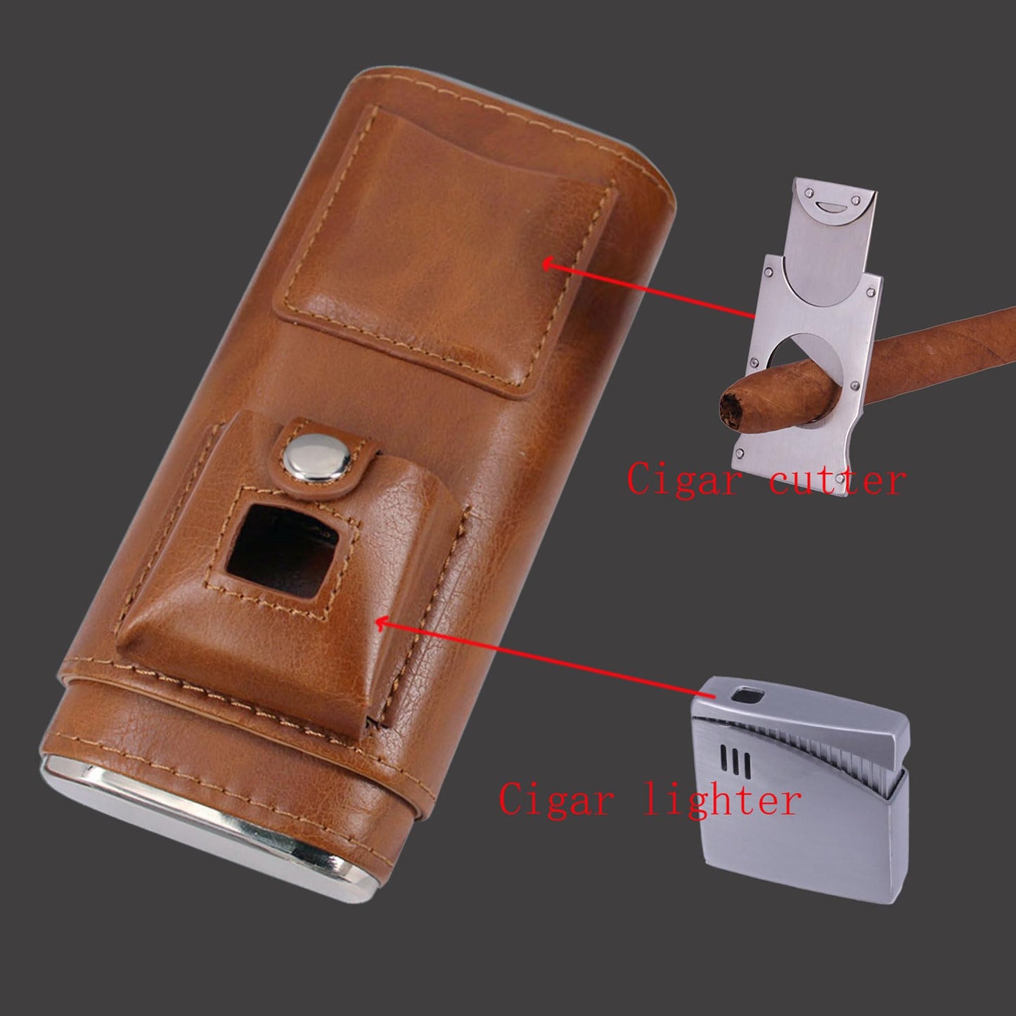 AMANCY Deluxe Portable 3 Holder Cigar Case Set With Lighter and Cutter Great Gift Kit