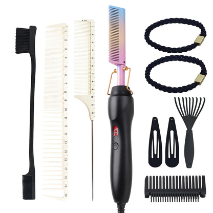 Electric Hot Comb Hair Straightener Heat Pressing Comb Curling Flat Iron Curler Hair Straightener Brush for Natural Black,Anti-Scald Beard Straightening Electric Press Comb