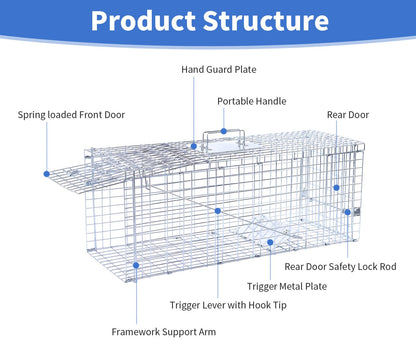 32” Humane Animal Trap, Live Animal Trap Cage for Stray Cats, Raccoons, Squirrels, Rabbits, Moles, Groundhogs, Armadillos up to 16.5 lbs, Galvanized Rustproof Live Animal Cage Trap
