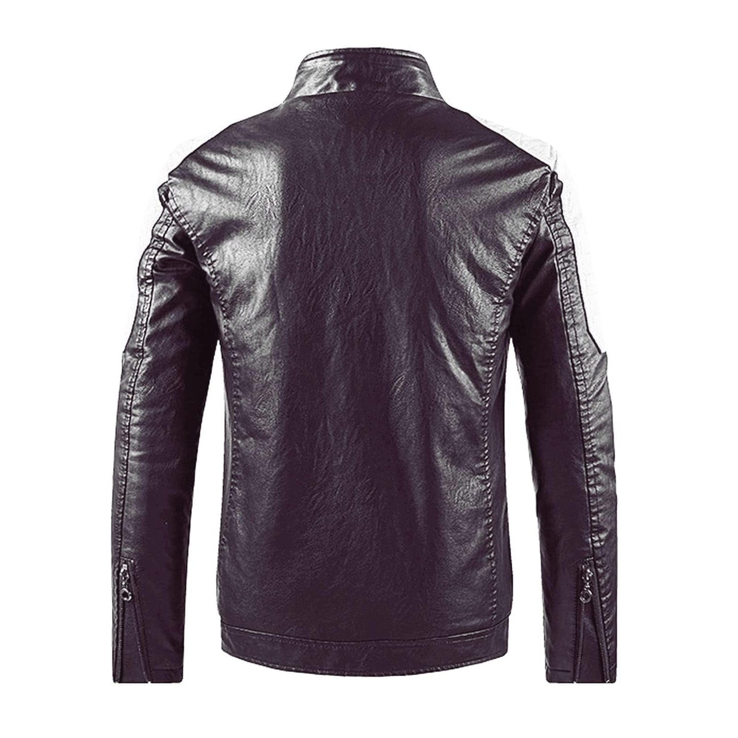 DMOYALA Men's Fall Trendy Full Zip Up Stand Collar Faux Leather Jacket Lightweight Casual Silm Fit Bomber Jackets 2023 Novelty Color Block Motorcycle Biker Coats Brown White and Red M
