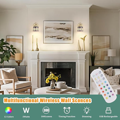 Vintage Battery Operated Wall Sconce Set of 2, 5000mAh Rechargeable Wall Lamp 12 RGB Colors Dimmable, Gold Lights Fixture for Bedroom Bathroom Living Room Hallway Twilight Blue Checker