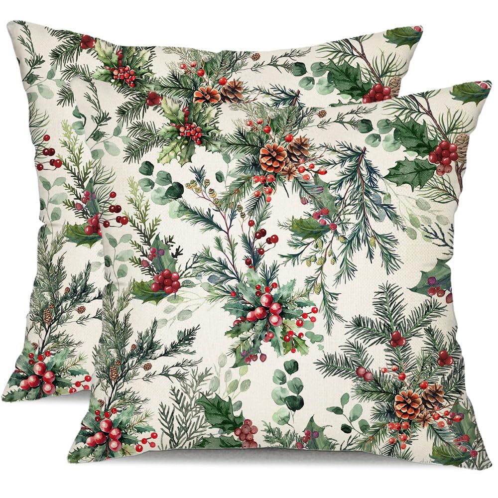 DFXSZ Christmas Pillow Covers 18x18 Inch Set of 2 Xmas Pine Branches with Red Berry Pine Cone Decorative White Throw Pillows Winter Christmas Decor for Home Couch ST025D18