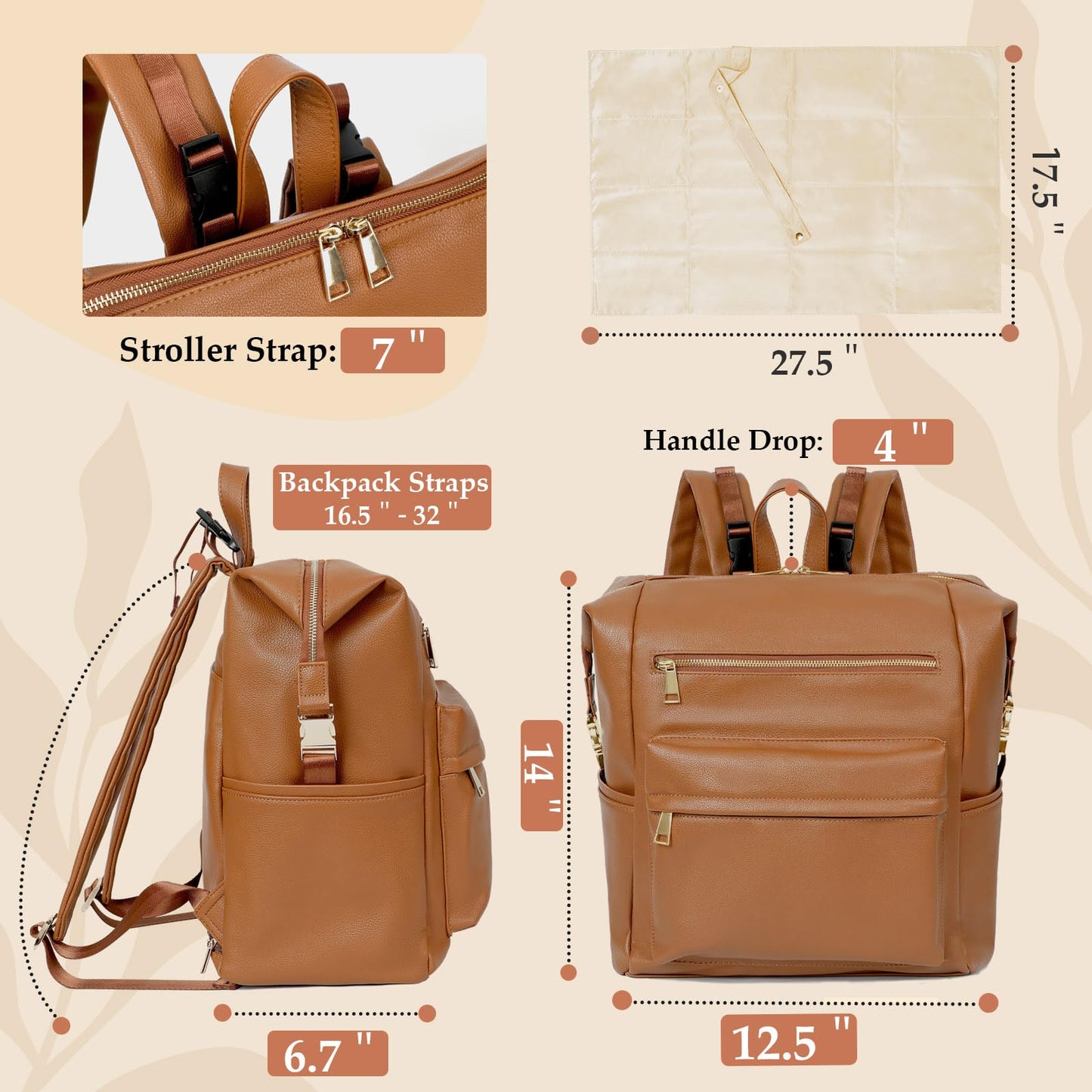 Omanmoli Diaper Bag Backpack Leather Backpack with 17 Pockets Travel Baby Diaper Bag,4 Insulated Pockets,Stroller Straps,Changing Pad,Brown