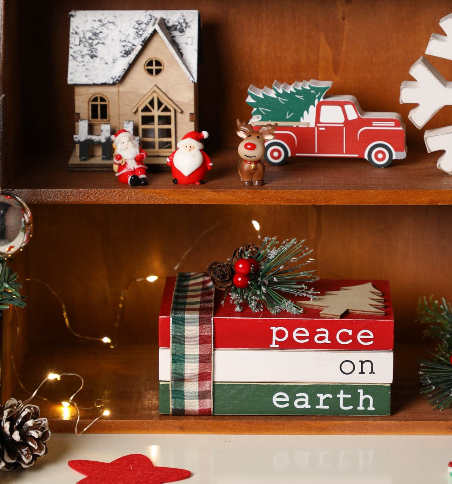 Christmas Wood Book Stack, Christmas Tiered Tray Decor, Peace on Earth Mini Faux Decorative Books with Pine Berry, Farmhouse Book Decor for Home Table Mantle Shelf