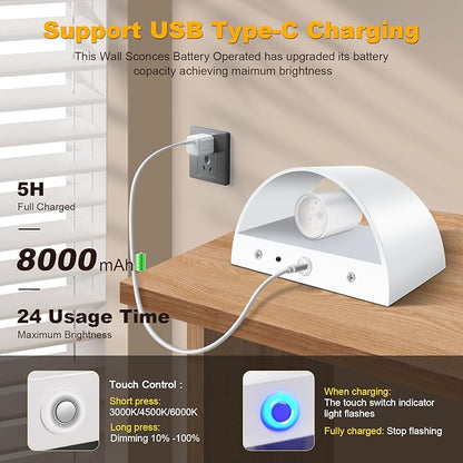 Battery Operated Wall Sconces Set of 2, White Rechargeable Wireless Remote & Touch Control Battery Wall Lights, 3 Color Temperatures, Timer Cordless Dimmable Light for Bedroom, Living Room, Hallway