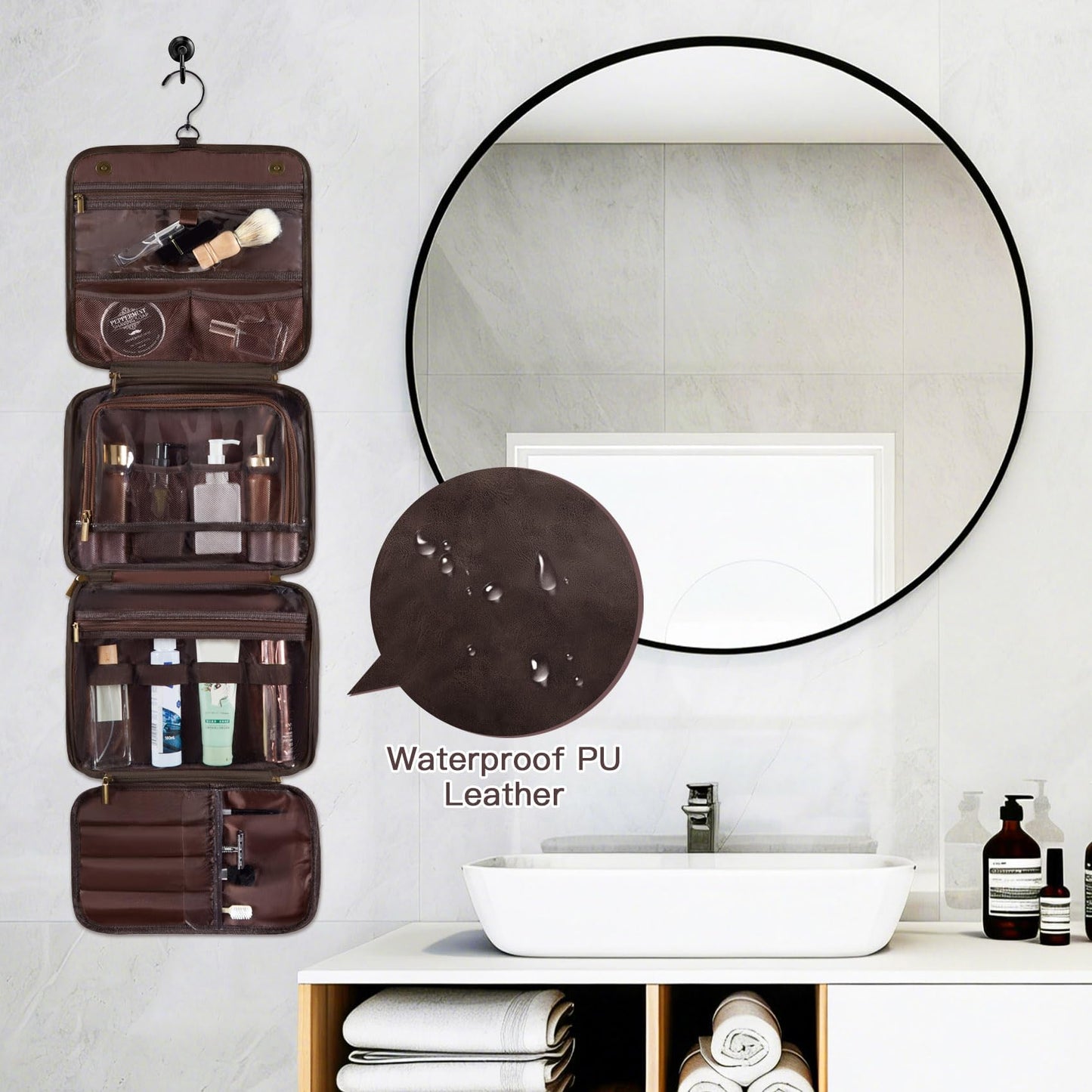 Aganmi Personalized Hanging Toiletry Bag Travel Gifts for Men Him, 3-in-1 Large Laser-Engraved Initial Waterproof PU Leather Shaving Bag Valentines Birthday Gift for Men Dad Husband Dark Brown M