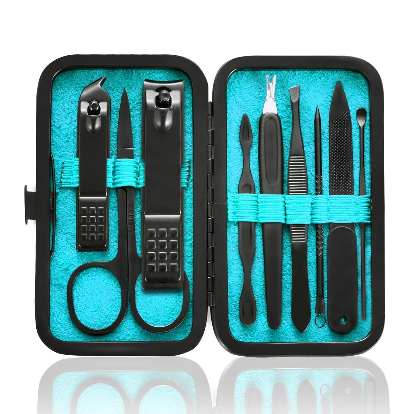 Manicure Set 9 in 1 Stainless Steel, Nail Clippers Scissors Pedicure Tools Kit - Portable Travel Grooming Kit for Men and Women with Black/Blue Leather Case (Blue)