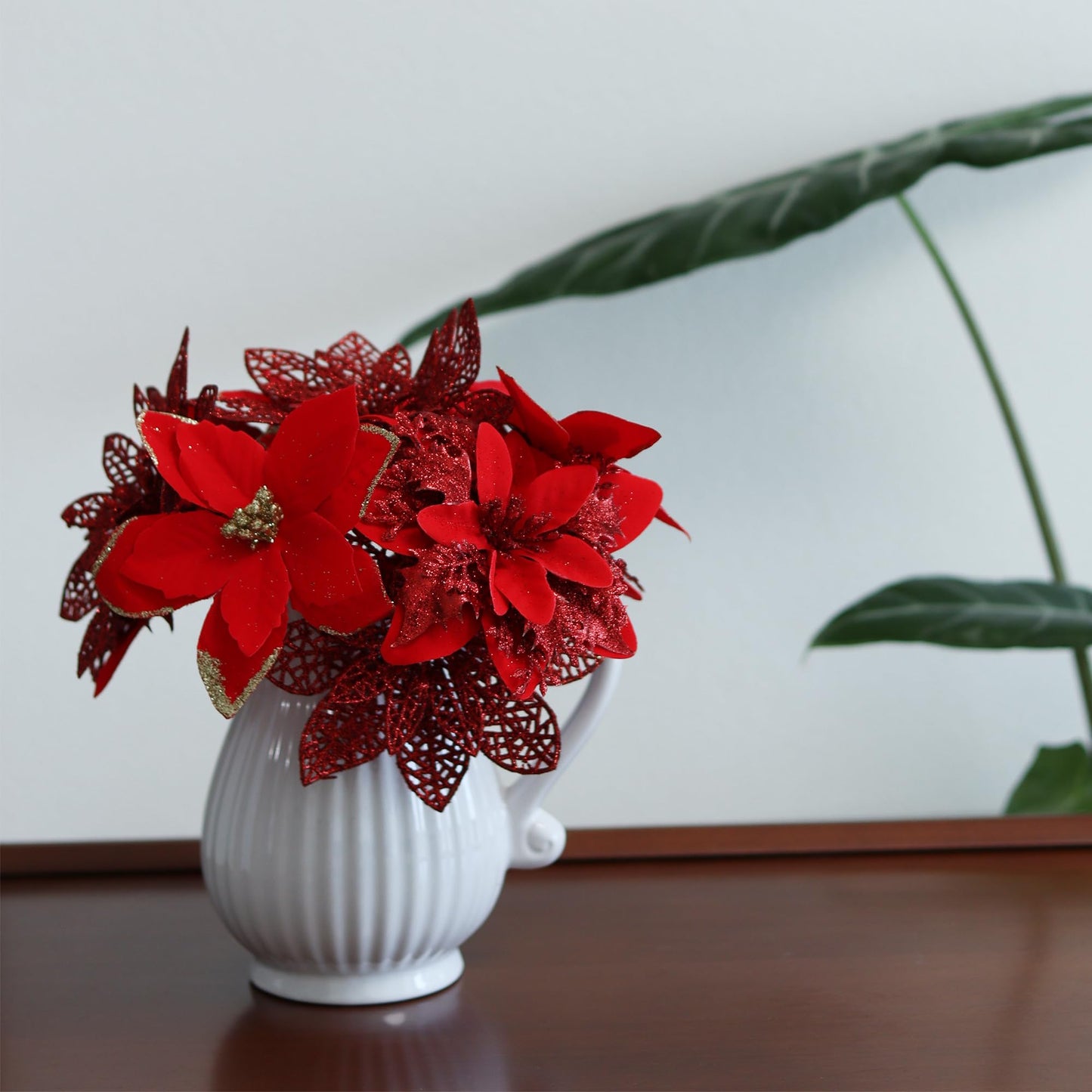 Asano Season 48 Pcs Fake Poinsettia Glitter Flowers and Berry Stems Artificial Red Christmas Flower with Clips Decoration for Xmas Tree Ornaments Party Wreath Decor (Red)