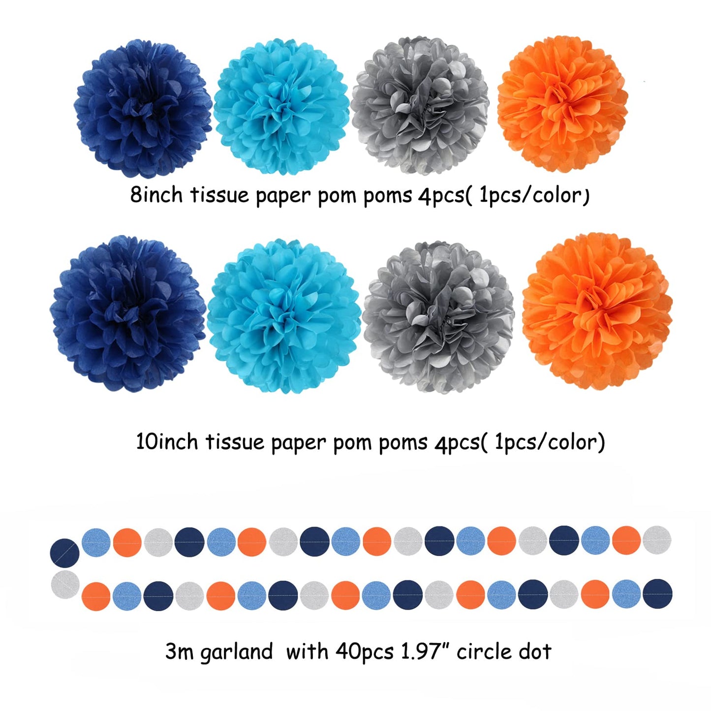 Blue-Silver Orange Space Party-Decorations Streamers-Garland - 30pcs Graduation 2025 Tissue Pom Poms,Tassel Banner Backdrop Birthday Boy Baby Shower Decor Bunting Lasting Surprise