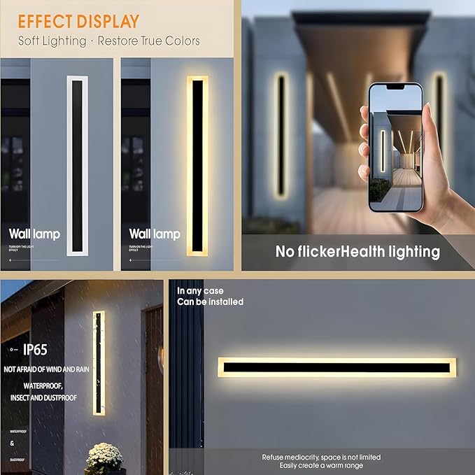 2Pack 31.5inch Long Outdoor Modern LED Wall Light,24W Waterproof IP65 Warm White 110V led Wall Mount Lighting Fixture Rectangular Black Wall Lights Elegant Frosted White Acrylic Anti Rust.