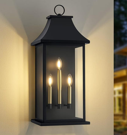 tewei 28'' Large Outdoor Wall Light, Porch Light Outdoor Wall Sconce Lantern, 3-Light Black Exterior Lighting Fixture Wall Mount E12 Gold Base, Outside Light for House Backyard Garage, 1-Pack
