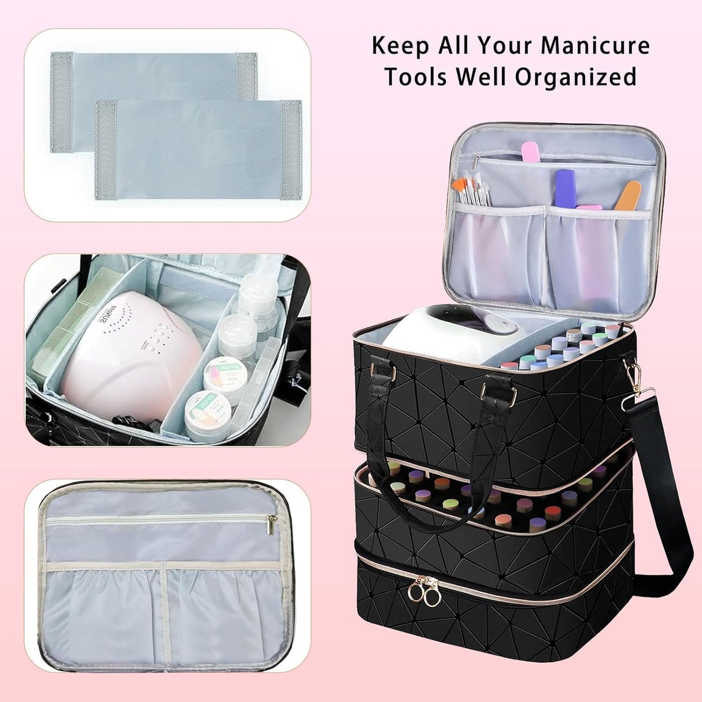 Yttriuny Nail Polish Organizer Holds 84 Bottles (15ml/0.5fl.Oz) + UV Lamp & Manicure Tools, 3-Layer Detachable PU Leather Nail Kit Storage Bag,Large Travel Shoulder Bag for Nail Supplies – Black