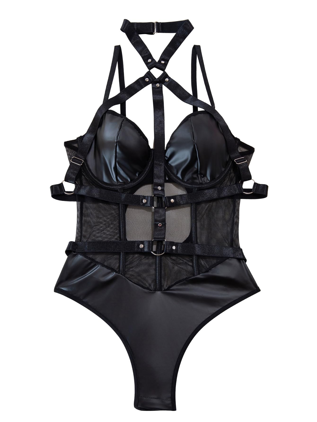 Lilosy Sexy Crisscross Choker Leather Underwire Push Up Mesh Sheer Babydoll Women Harness Teddy Bodysuit Nightgown Nightshirt One Piece Pu Latex Black Medium