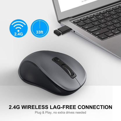 WisFox 2.4G Wireless Mouse for Laptop, Ergonomic Computer Mouse with USB Receiver and 3 Adjustable Levels, 6 Button Wireless Mice for Windows Mac PC Notebook (Grey)