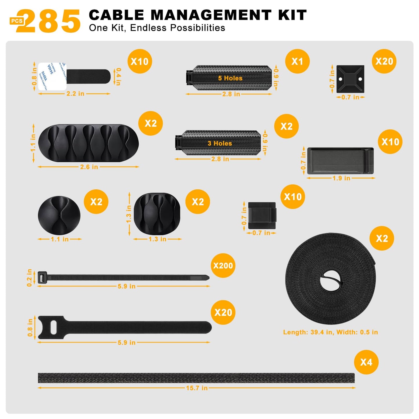 285 PCS Cable Management Kit - 4 Cable Sleeve Split, 50 Adhesive Cable Clips, 9 Cable Holder, 2 Roll Cable Organizer Straps, 200 Cable Zip Ties with 20 Mounts, for Computer TV Under Desk - Black
