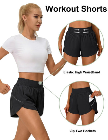 BMJL Womens Workout Gym Shorts Athletic Yoga High Waisted 2 in 1 Sporty Dolphin Running Shorts with Zip Pocket 2.5"(S,Black)