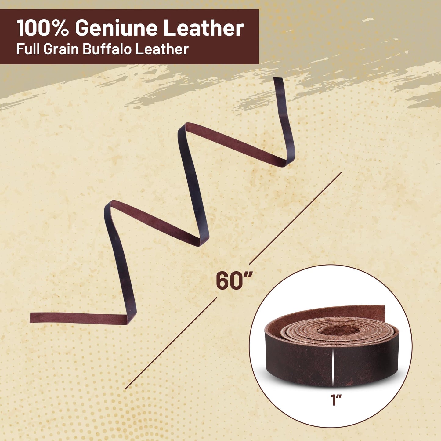Genuine Buffalo Leather Strap for Crafts - Handcrafted Durable Full Grain Leather Roll - Leathercraft Accessories for Bracelet Making, Belt Making Supplies, Keychains, Dog Collars, & More (1” x 60”)
