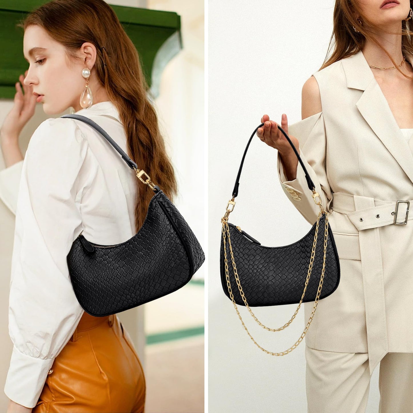 KKXIU Woven Shoulder Bag for Women Cute Hobo and Tote Handbags Retro Clutch Underarm Purse with 2 Removable Straps (B-Black)