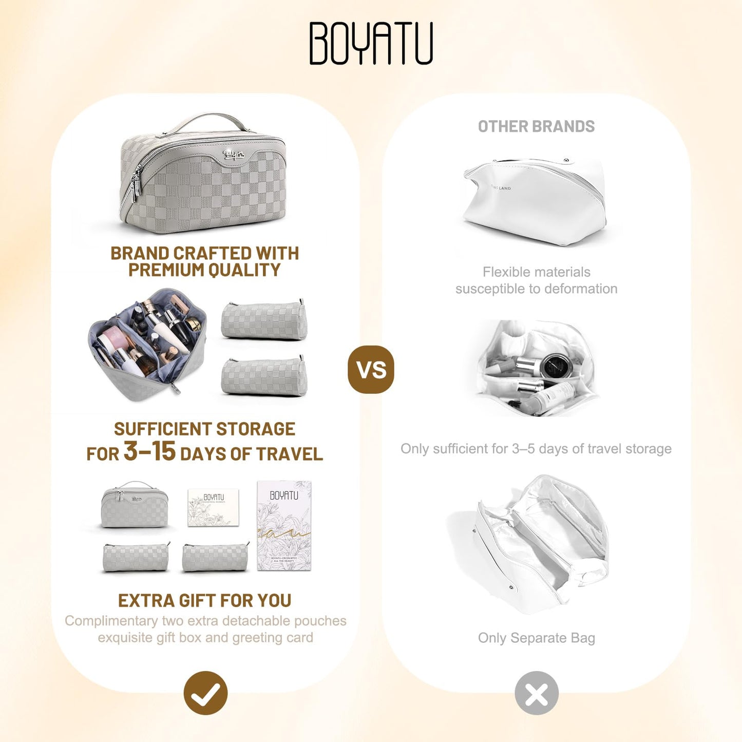 BOYATU Travel Makeup Bag Organizer: 3 Pcs Set Large Capacity Cosmetic Bags Holds 10–20 100ml Full-Size Bottles - 180°Open-Flat Make up Case 3-sec touch-up - Toiletry Bag Gift women (03-A-Gray)