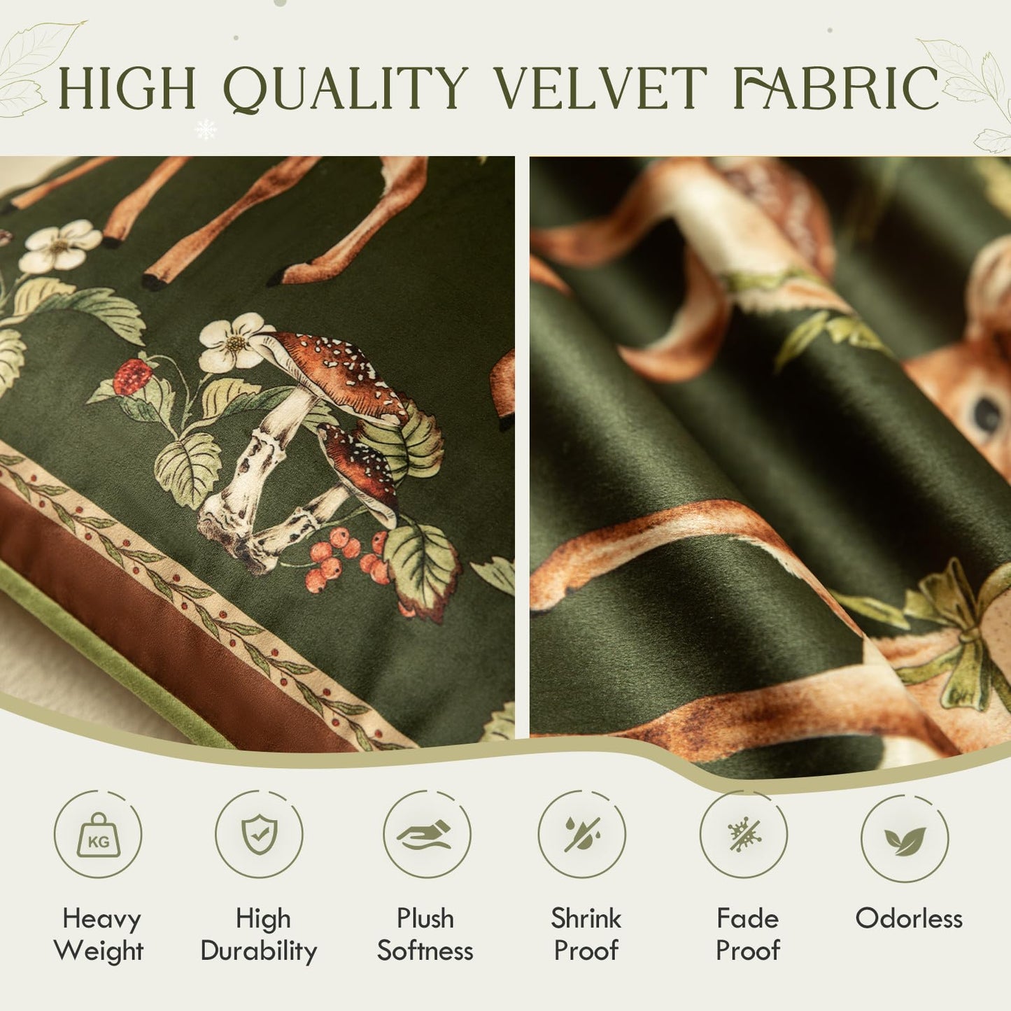 Livebee Holly Deer Green Pillow Cover, Velvet Euro Sham Covers Decorative Throw Pillow Covers 18x18 for Couch Sofa Bed Living Room