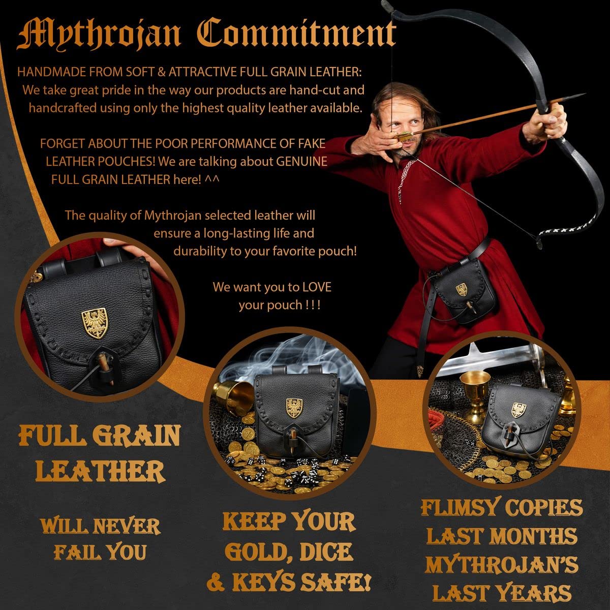 Mythrojan Leather Belt Pouch Medieval Genuine Leather Bag with Raven Decoration Accessories Pouch Viking Belt Coin Bag Renaissance Bag for Larp Fantasy Events, Ren Faire, Halloween-Black