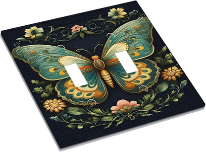 Butterfly Ornate with Flower Light Switch Covers Double Toggle 2 Gang Wall Plate Dual Decorative Switchplate Electrical Faceplate for Farmhouse Decor
