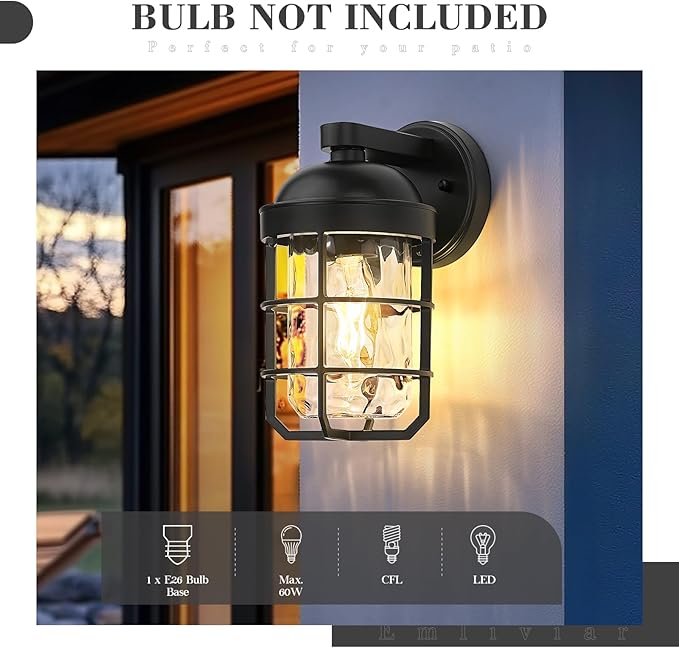 Emliviar Cylinder Outdoor Wall Lights Set of 2, 11" Black Outside Lamps Wall Mount for Porch, Garage, Front Door, E26 Socket with Water Ripple Glass, GE255BL-2PK BK-WG