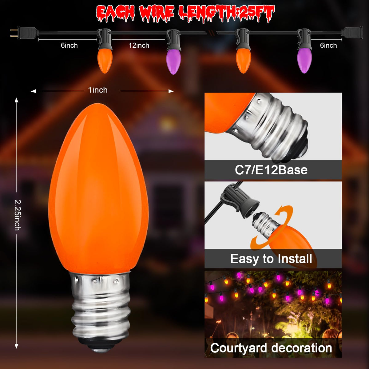 Halloween Purple Orange String Lights Outdoor 25Ft, 25 C7 LED Purple Orange Bulbs with 2 Spare, Connectable Waterproof Patio Porch Yard Fence Pathway Lights for Haunted House Party Decorations