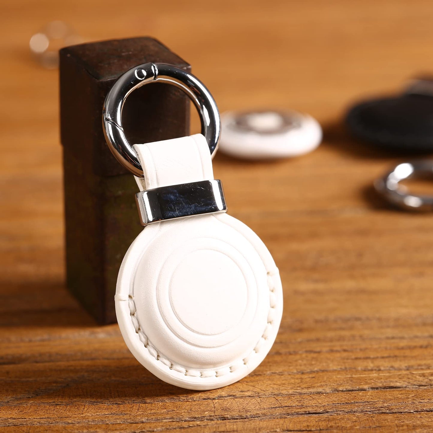 2 Pack KEEPXYZ Genuine Leather Keychain Holder Compatible with Airtag, Secure for Air Tag Keychain Holder Case Cover Key Chain Ring Accessories - White V2.0