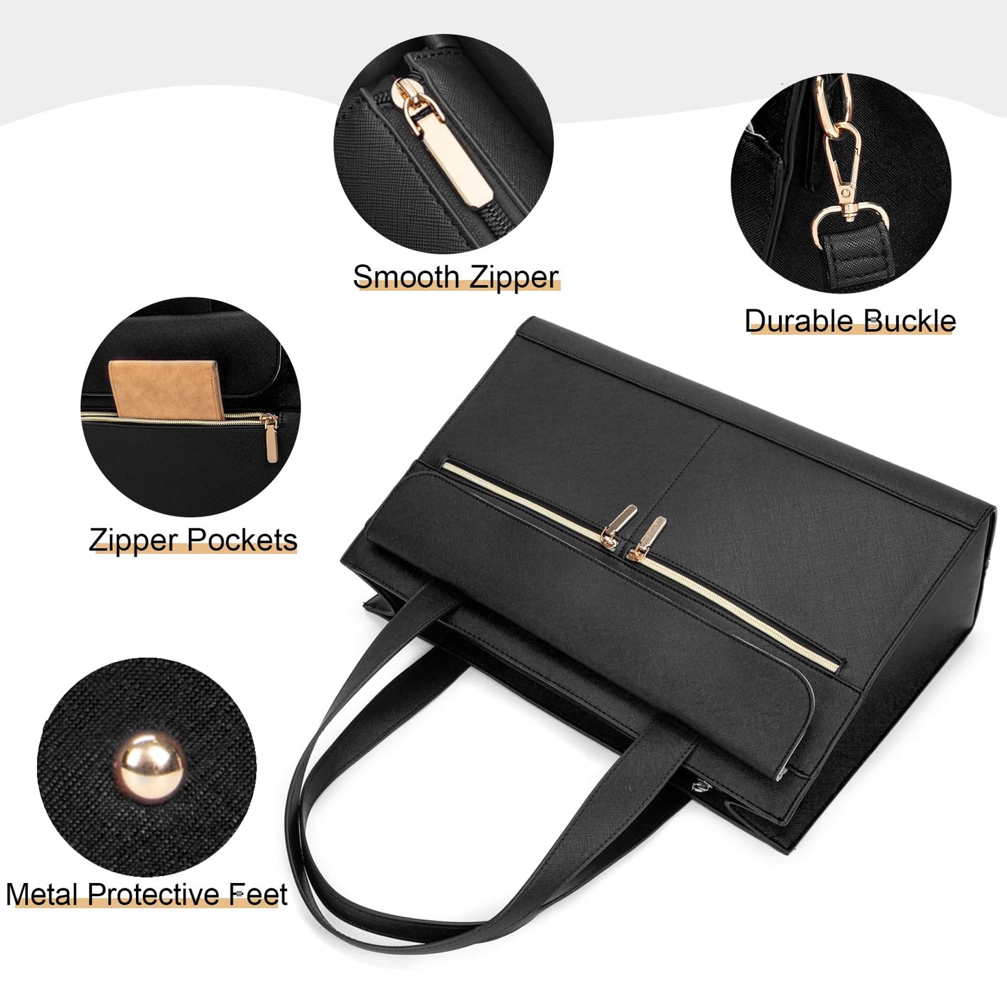 Laptop Bag for Women 15.6 Inch, Professional Tote Briefcase Purse, Eco-friendly Leather Teacher Bag Work Bag for Business(Black)