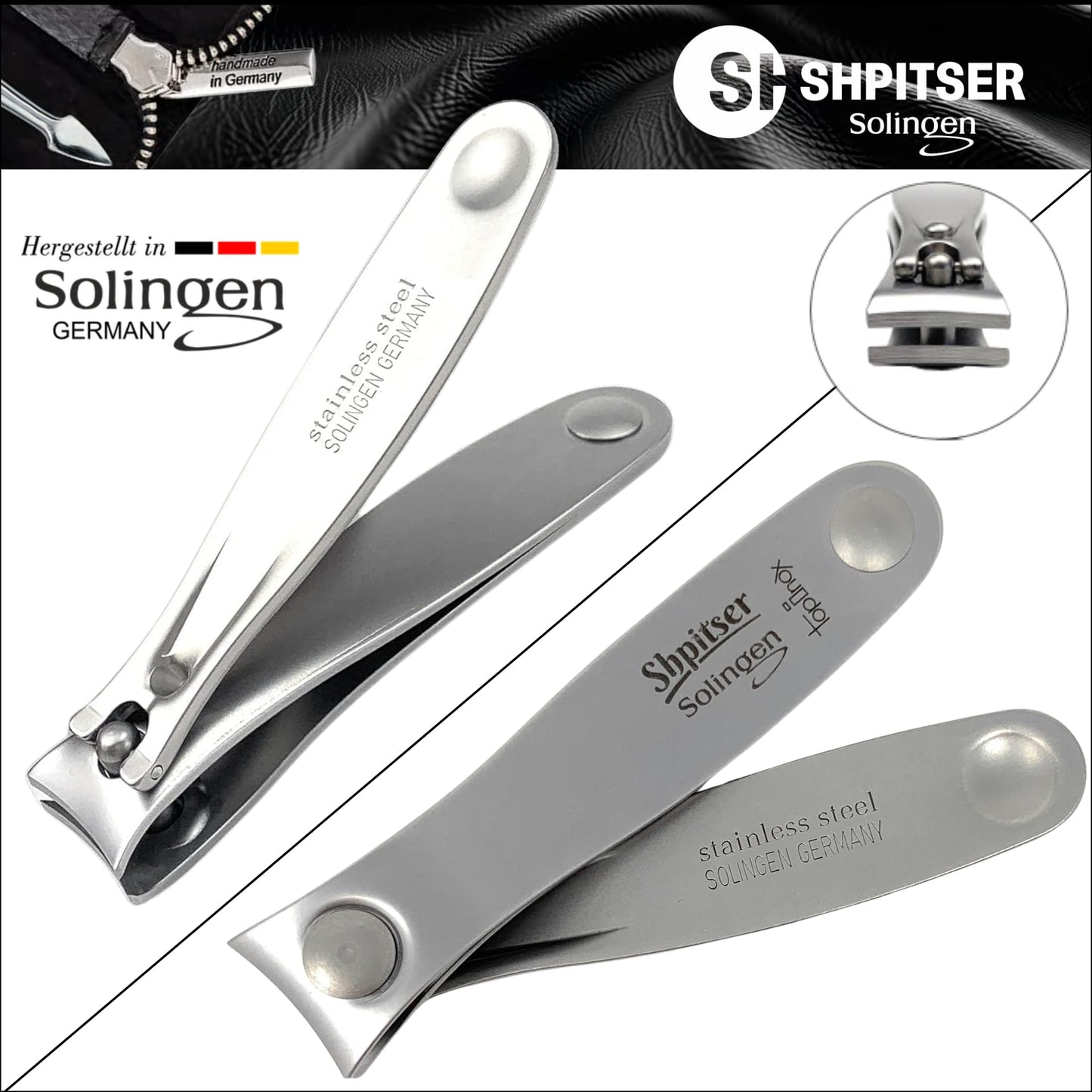 Shpitser Manicure and Pedicure Set of 4 Surgical Stainless Steel Instruments, Made in Solingen, Germany, Luxury Topinox Grooming Kit In Full Grain Nappa Leather Case (Black)