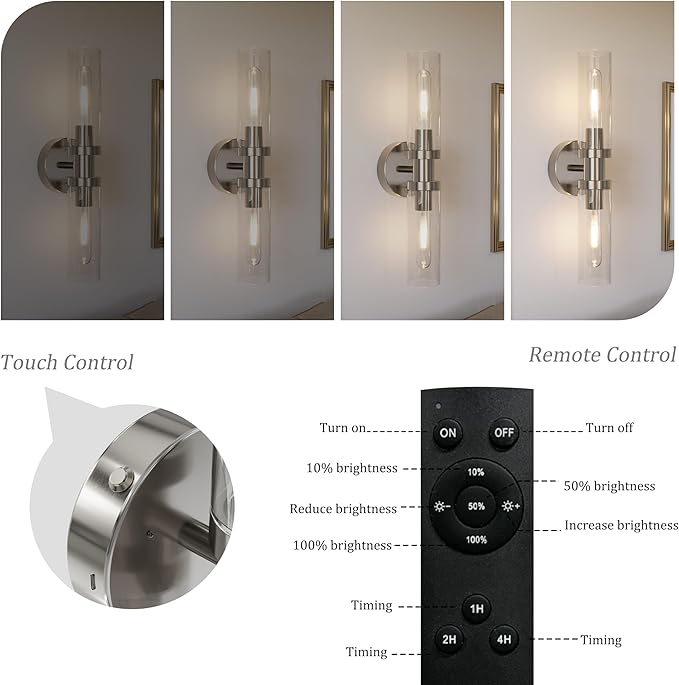 Rechargeable Battery Wall Sconce Set of Two, Cordless, Dimmable, Timer, Remote, Touch Control, 3000K, USB-C Charging for Living Room, Bedroom Sand Nickel (Include 4 Special Bulbs)