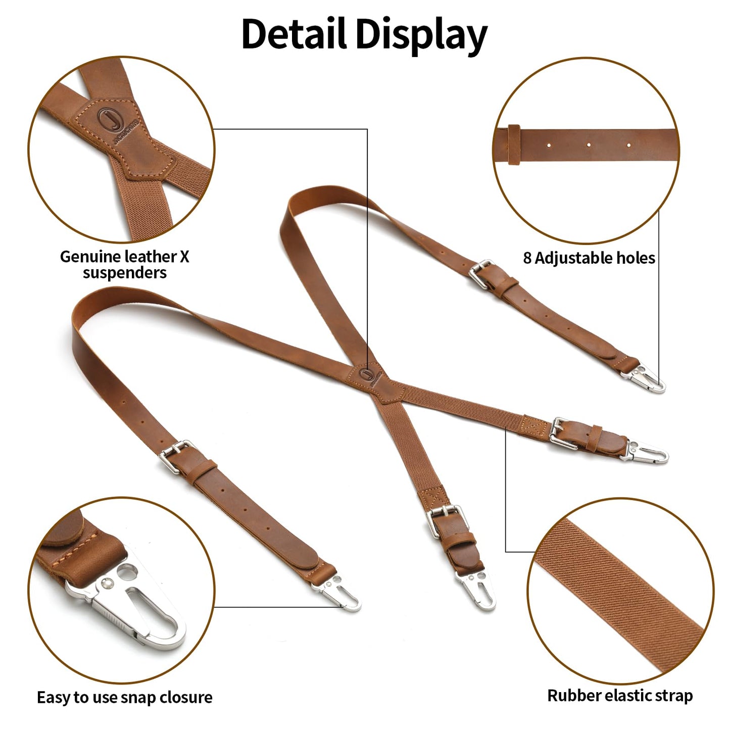 Jack&Chris Genuine Leather X-Shaped Suspenders for Men, Adjustable Heavy Duty Solid 1 Inch Wide Suspenders with Sturdy Clips, Men Accessories For Jeans, Brown