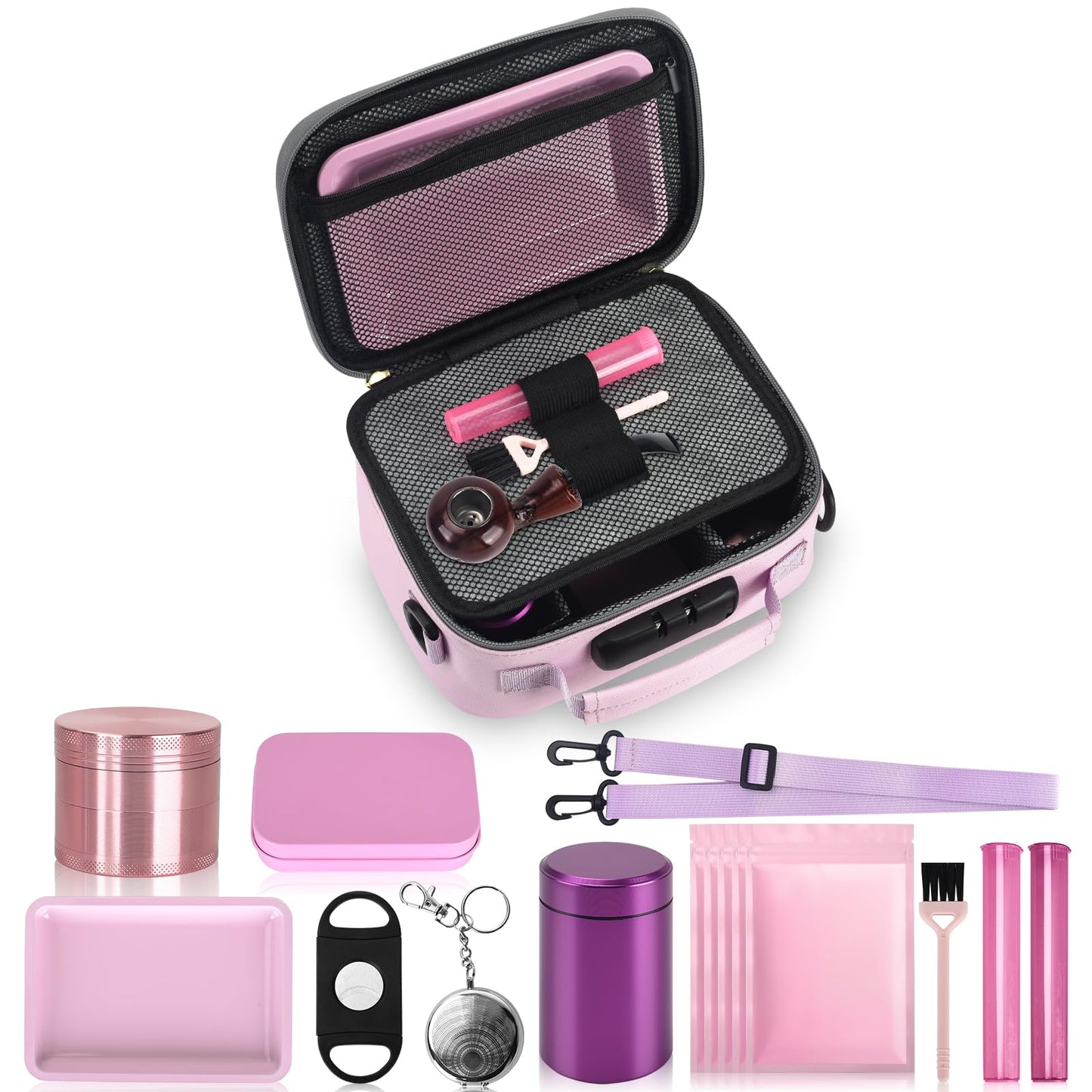 Gosstek Pink Leather Cosmetic Carrier Bag with 10 Accessories, Premium Organizers Box Case with Combination Lock and Great Gift for Women, Childproof Organization Container Pouch 9 X 6 X 4 Inches.