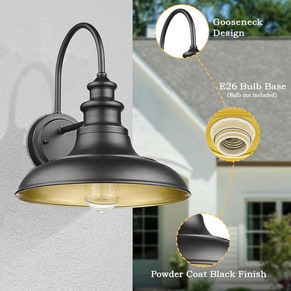 Outdoor Barn Light Fixtures, 12.3 Inch Large Dome Farmhouse Wall Mount Light Gooseneck Wall Sconce Exterior Wall Lighting Fixture Industrial Black Finish Lantern for Porch with Gold Interior, 2pack