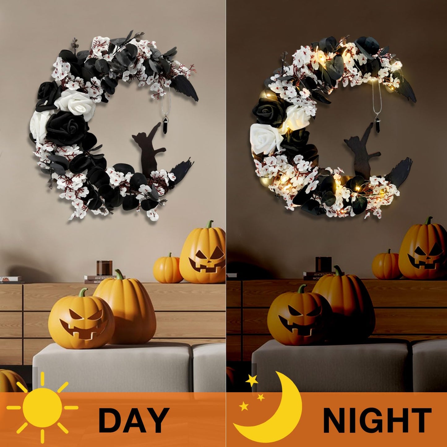 Halloween Wreaths for Front Door, Flower Moon Cat Halloween Home Decoration, Fall Winter Family Gathering Decoration Wreath Outdoor Wall Closet Fence Spooky Wreath(Moon Cat White13.7in×9.8in)