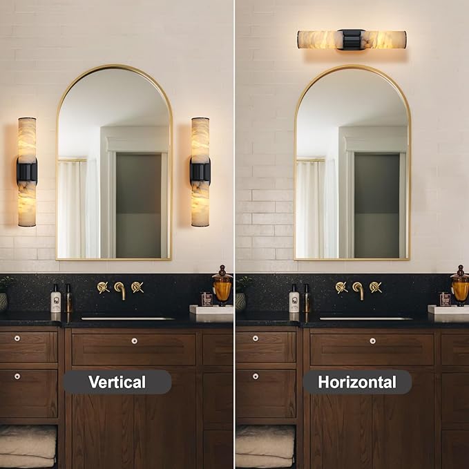 22.2" Alabaster Wall Sconce, Brass Bathroom Wall Sconce, Spanish Natural Marble Sconces Modern Wall Lights Lamps for Bedroom Living Room Stairs Indoor Hallway Vanity, Black