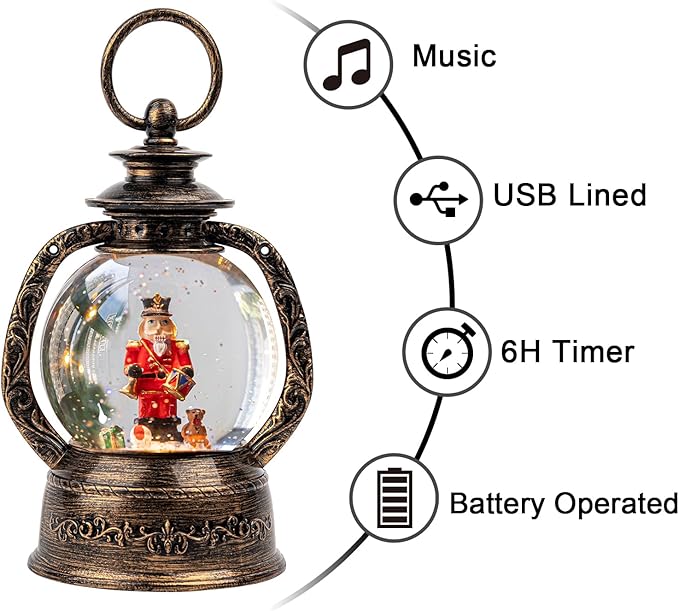 Christmas Snow Globe Lantern Water Glittering Nutcracker with Music & Timer, USB Lined/Battery Operated Lighted Lantern for Christmas Festival Decoration Gifts
