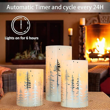 Christmas Flickering Flameless Pillar Candles with Remote Battery Operated Warm Light Silver Christmas Pine Tree Decal Real Wax Candle for Home Decoration Winter Party Gifts, Set of 3