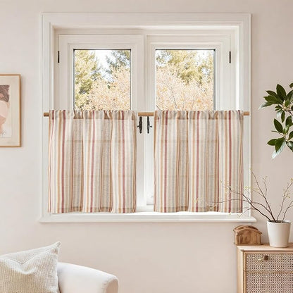 jinchan Colorful Striped Linen Kitchen Curtains 24 Inch Christmas Tier Curtains Farmhouse Modern Cafe Small Window Treatments Light Filtering Rod Pocket for Living Room Bathroom 2 Panels Multi Red