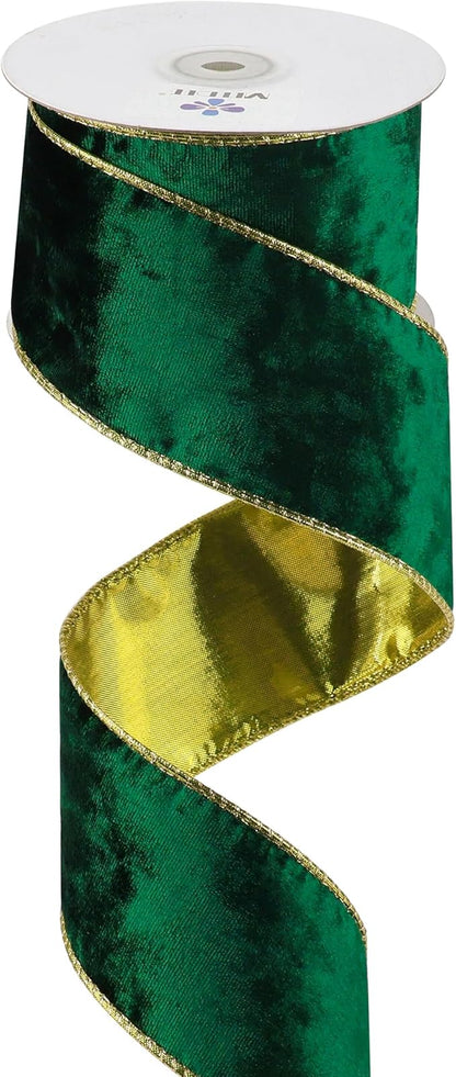 MEEDEE Crushed Green Velvet Ribbon with Gold Back 2.5 inch Double Sided Christmas Wired Ribbon 10 Yards for Christmas Tree Decoration, Baskets, Wreaths, Holiday Projects, Wedding Decor and Accents