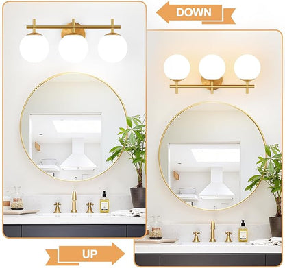 3-Light Bathroom Light Fixtures, Brushed Gold Vanity Lights for Bathroom with Milky White Glass Ball Shades, 18.9 inch Bathroom Lighting Fixtures Over Mirror, Wall Sconce for Bedroom (Exclude G9 Bulb)