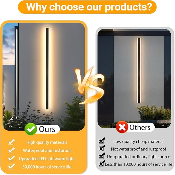 92 Inch Modern Outdoor Wall Light, 3000K Black Exterior Light Fixtures Wall Mount Ip65 Waterproof Modern Porch Lights Wall Sconce Long Linear Outside Lighting for House