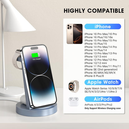 3 in 1 Charging Station for iPhone, Wireless Charger for iPhone 17 16e 16 15 14 13 12 11 X Pro Max & Apple Watch - Wireless Charging Station for AirPods 4 3 Pro