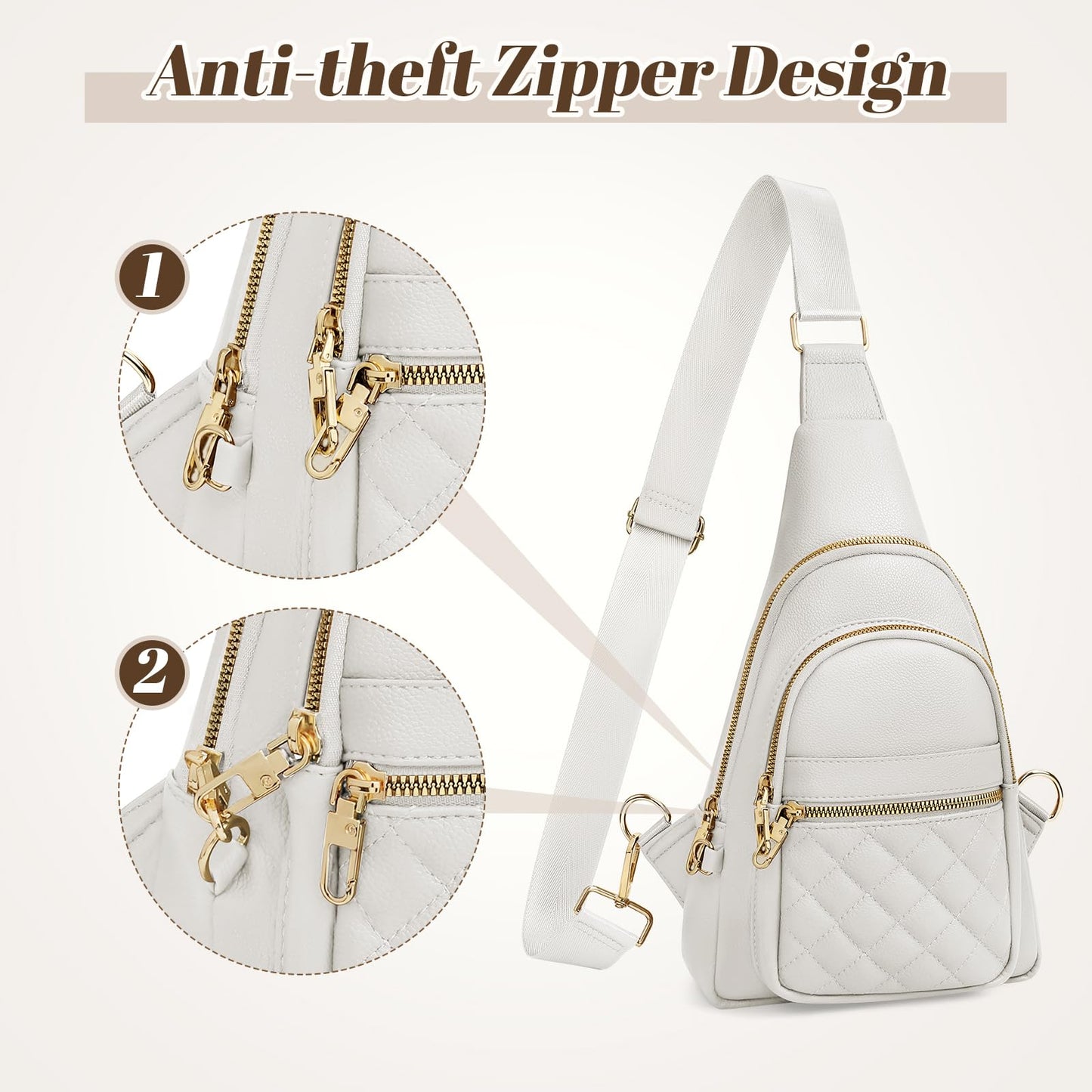 JASGOOD Women Anti-theft Crossbody Sling Bag, Leather Chest Bag Sling Backpack for Fashion Travel,White