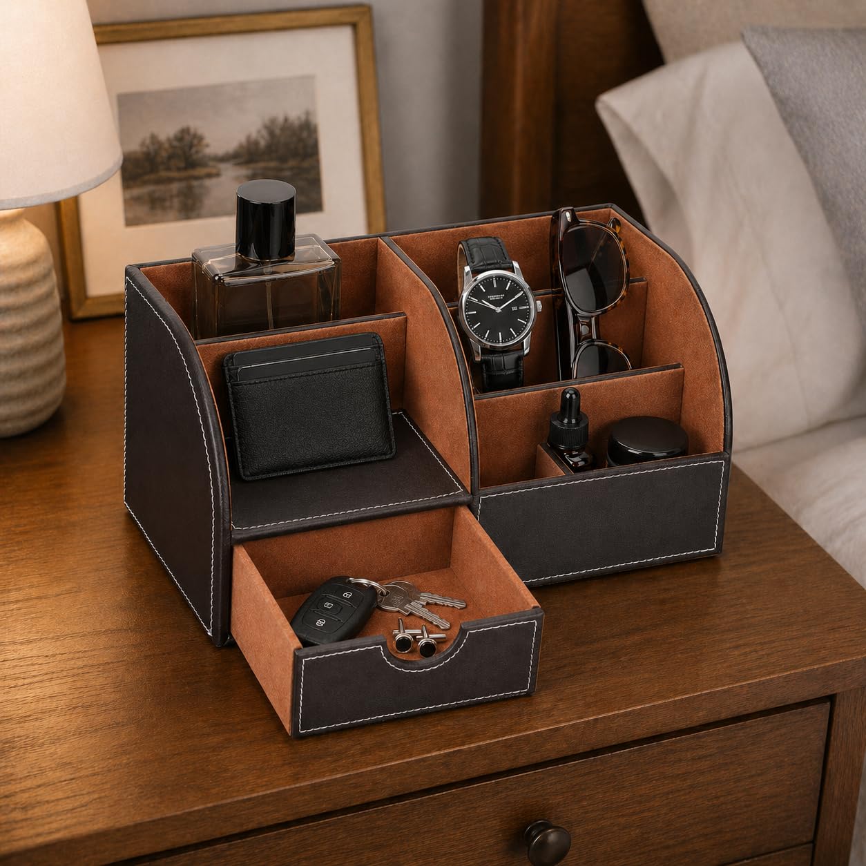 KINGFOM Cologne Organizer for Men, PU Leather Dresser Organizer with Drawer, Countertop Cologne Holder for Watch, Wallet, Keys, Sunglasses, Bathroom Bedroom Nightstand Organizer, Gifts for Men Brown